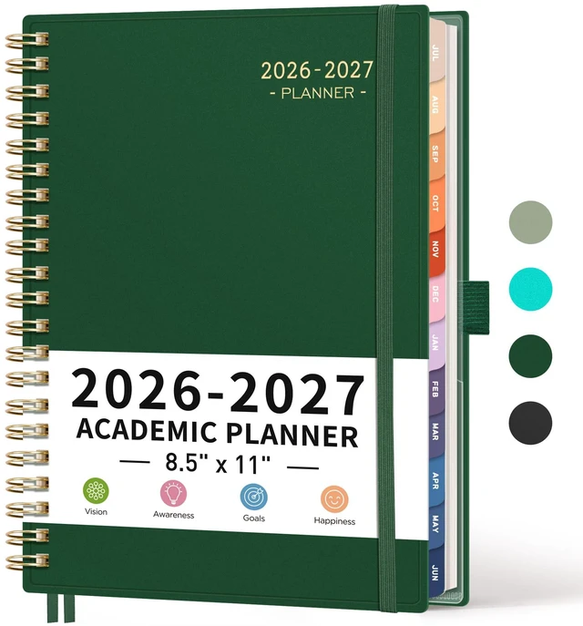 Main image of Academic Planner 2026-2027, Weekly and Monthly, A4 (8.5" x 11") July 2026 - June 2027, Calendar, Agenda, 12-Month Tabs, for Student, Teacher, School (Dark green)