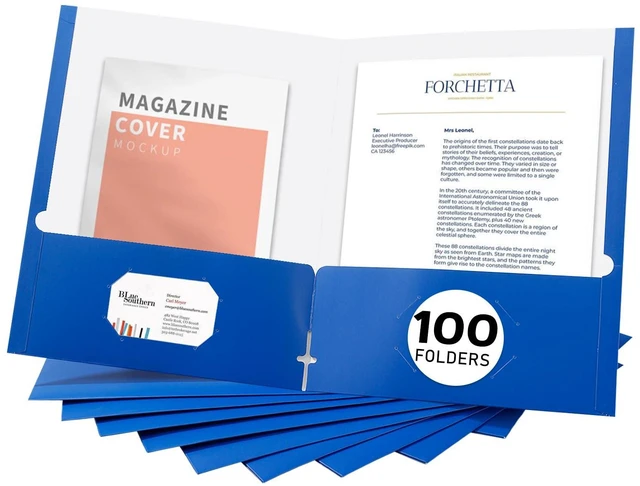 Main image of File folders with Pockets,Blue Two folders for documents,100 Pack Paper Folders with Card Slot,Letter Size,School Students,Business,Home and Office Workers