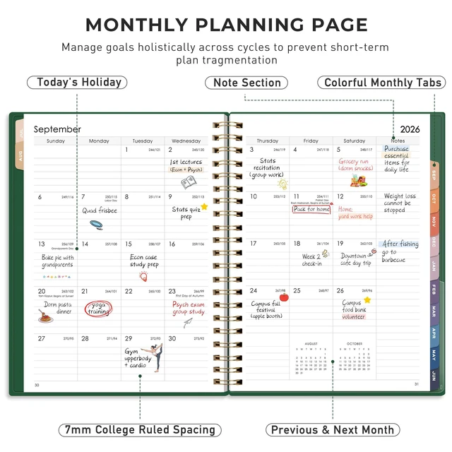 Alt view image 3 of 7 - Academic Planner 2026-2027, Weekly and Monthly, A4 (8.5" x 11") July 2026 - June 2027, Calendar, Agenda, 12-Month Tabs, for Student, Teacher, School (Dark green)