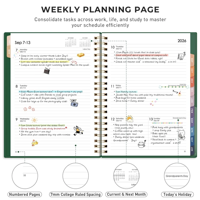 Alt view image 2 of 7 - Academic Planner 2026-2027, Weekly and Monthly, A4 (8.5" x 11") July 2026 - June 2027, Calendar, Agenda, 12-Month Tabs, for Student, Teacher, School (Dark green)
