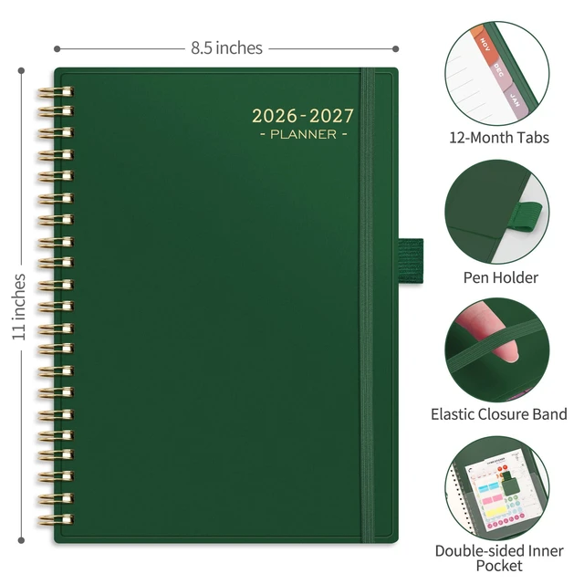 Alt view image 6 of 7 - Academic Planner 2026-2027, Weekly and Monthly, A4 (8.5" x 11") July 2026 - June 2027, Calendar, Agenda, 12-Month Tabs, for Student, Teacher, School (Dark green)