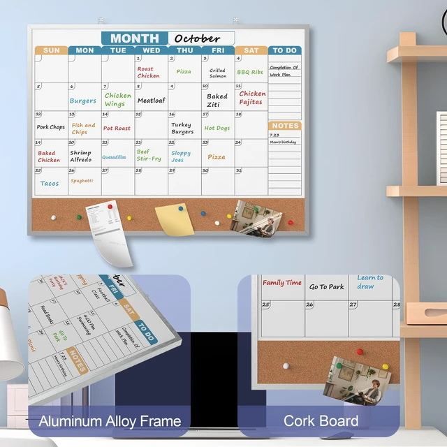 Alt view image 4 of 7 - Monthly Calendar Dry Erase Board 24x18 Inch, Double-Sided Whiteboard and Corkboard Combo with Silver Aluminum Frame (Color Calendar), Wall Mounted Planner with Marker, Magnet, Push Pin, Eraser