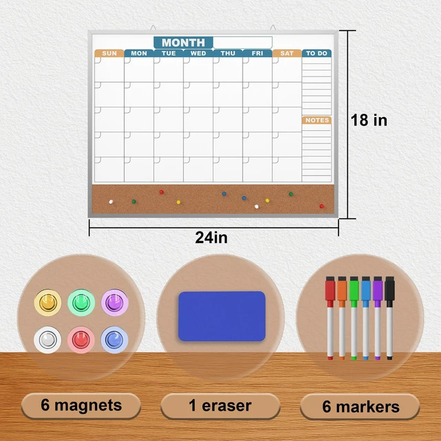 Alt view image 5 of 7 - Monthly Calendar Dry Erase Board 24x18 Inch, Double-Sided Whiteboard and Corkboard Combo with Silver Aluminum Frame (Color Calendar), Wall Mounted Planner with Marker, Magnet, Push Pin, Eraser