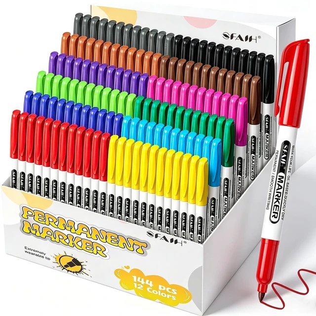 Main image of Permanent Markers Bulk, 144 Pack 12 Colors Fine Point, Quick Drying Writing, Marking & Drawing, School, Office, Warehouse, Business, Logistics, Waterproof Ink on Paper Plastic Metal Cardboard