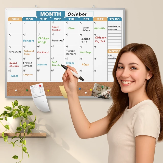 Alt view image 6 of 7 - Monthly Calendar Dry Erase Board 24x18 Inch, Double-Sided Whiteboard and Corkboard Combo with Silver Aluminum Frame (Color Calendar), Wall Mounted Planner with Marker, Magnet, Push Pin, Eraser