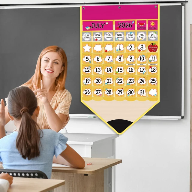 Alt view image 7 of 7 - Classroom Calendar Pocket Chart Set Calendar Bulletin Board Set with Pocket Seasons Festival Weather Date Bag Chart for Classroom Decoration Back to School Supplies (Pink,Pencil)