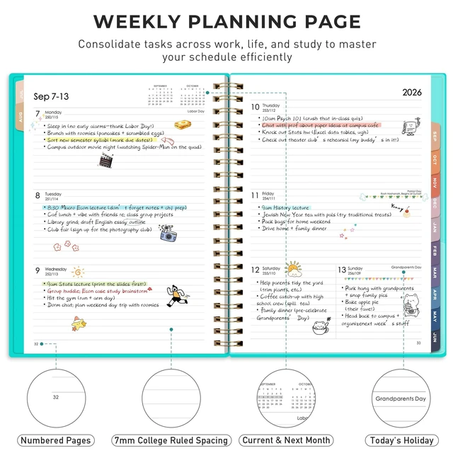 Alt view image 2 of 7 - Academic Planner 2026-2027, Weekly and Monthly, A4 (8.5" x 11") July 2026 - June 2027, Calendar, Agenda, 12-Month Tabs, for Student, Teacher, School (Tiffani Blue)