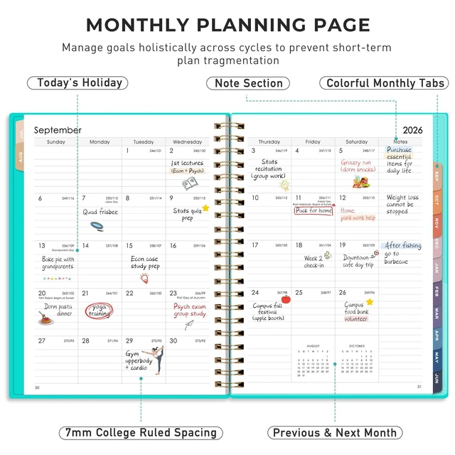 Alt view image 3 of 7 - Academic Planner 2026-2027, Weekly and Monthly, A4 (8.5" x 11") July 2026 - June 2027, Calendar, Agenda, 12-Month Tabs, for Student, Teacher, School (Tiffani Blue)