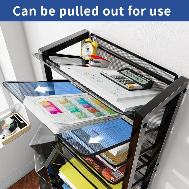 Alt view image 2 of 7 - 12 Tier Rolling File Cart, Desk File Organizer with Sliding Trays and Metal Mesh Paper Letter Storage Multi Functional Rolling Clutter Cart for Office, Home, School, Black