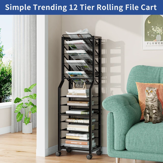 Alt view image 3 of 7 - 12 Tier Rolling File Cart, Desk File Organizer with Sliding Trays and Metal Mesh Paper Letter Storage Multi Functional Rolling Clutter Cart for Office, Home, School, Black