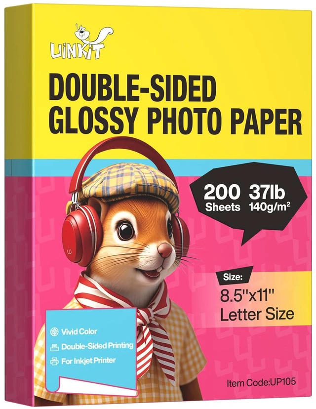 Main image of 37lb Double-Sided Glossy Inkjet Photo Paper, 8.5x11, 200 Sheets 140gsm, 6.5mil thin paper for brochures, flyers, menus, calendars, chip bags, wrappers, magazine covers, and folded projects