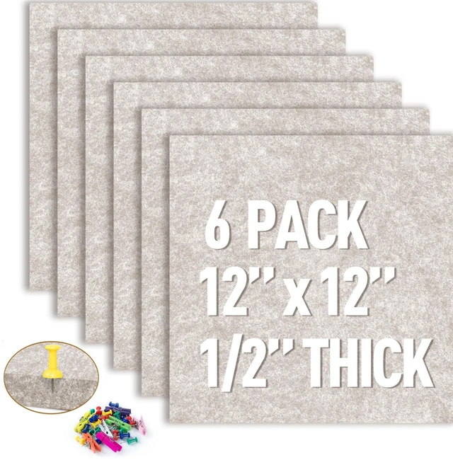 Main image of Cork Bulletin Board 12x12, 1/2" Thick Felt Cork Board Tiles 6 Pack, Small Square Pin Board for Wall, Self Adhesive Corkboards with 60 Push Pin Wood Clips for School, Home & Office, Latte
