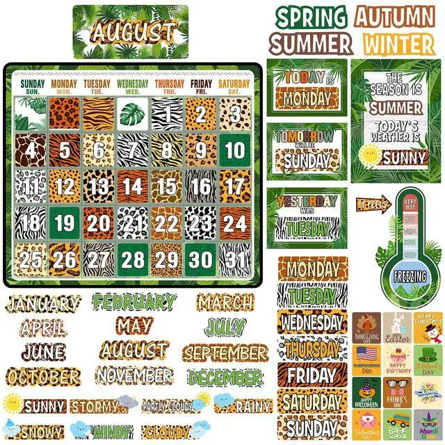 Main image of 85 Pcs Calendar Bulletin Board Set Classroom Calendar Bulletin Board with Numbers Month Weather Classroom Decorations for Back to School Wall Chalkboard Decor Supplies(Jungle)