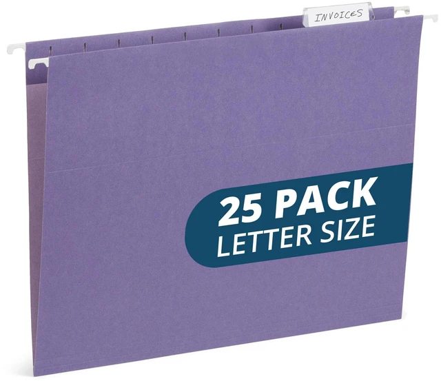 Main image of 25 Hanging File Folders, Letter Size, Purple Reinforced 11pt, 1/5 Cut Tabs, Plastic Tabs and Inserts Included, for Filing Cabinet, Home, and Office Use
