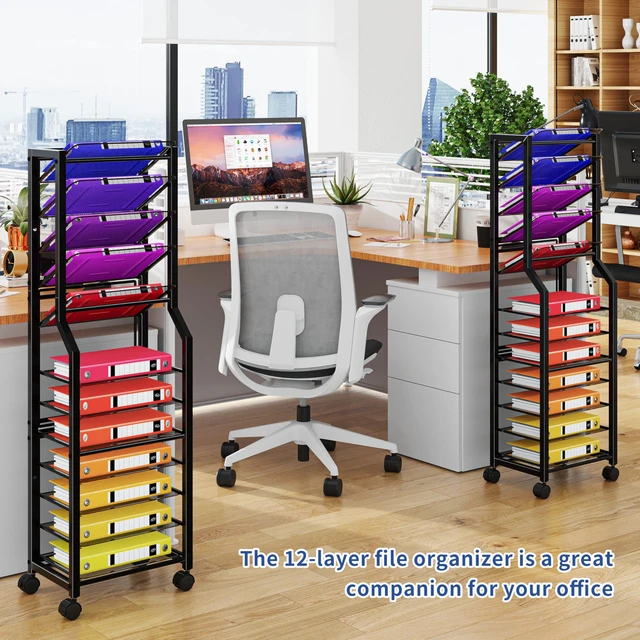 Alt view image 6 of 7 - 12 Tier Rolling File Cart, Desk File Organizer with Sliding Trays and Metal Mesh Paper Letter Storage Multi Functional Rolling Clutter Cart for Office, Home, School, Black