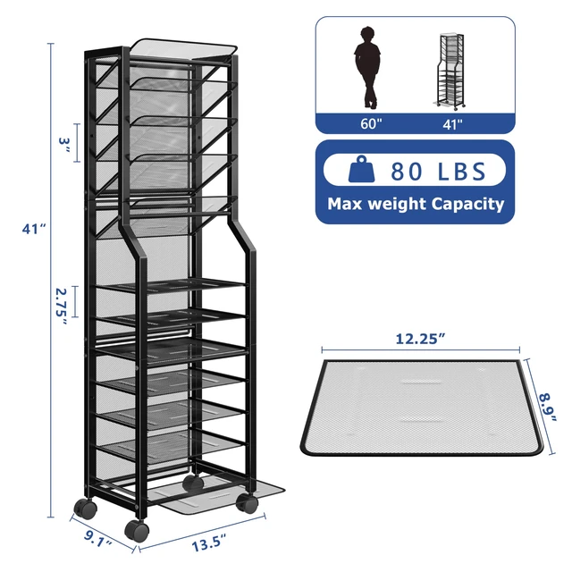 Alt view image 7 of 7 - 12 Tier Rolling File Cart, Desk File Organizer with Sliding Trays and Metal Mesh Paper Letter Storage Multi Functional Rolling Clutter Cart for Office, Home, School, Black