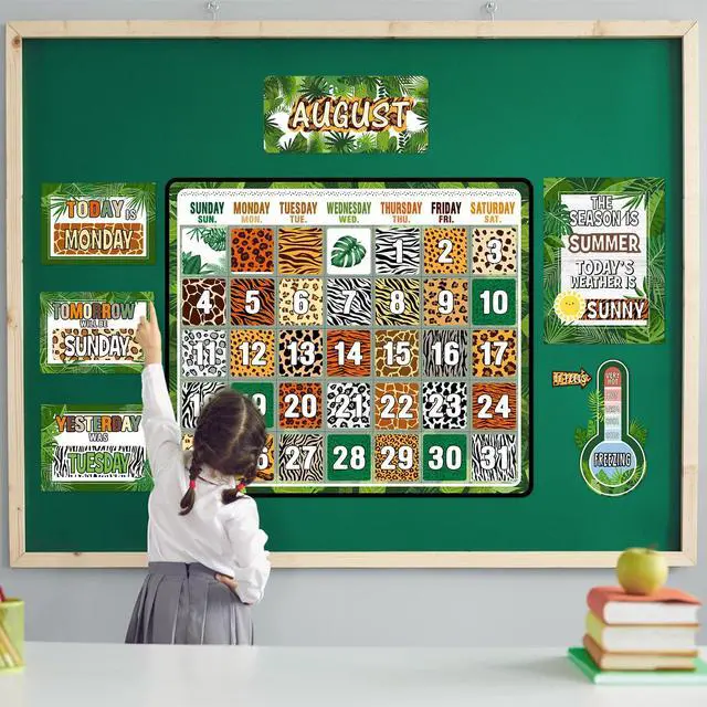 Alt view image 5 of 6 - 85 Pcs Calendar Bulletin Board Set Classroom Calendar Bulletin Board with Numbers Month Weather Classroom Decorations for Back to School Wall Chalkboard Decor Supplies(Jungle)