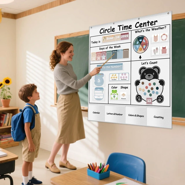 Alt view image 2 of 6 - Circle Time Learning Center Pocket Chart for Classroom(white) Printed Days of The Week with CardsLearning for Home or Kindergarten, Teacher Must Have Supplies That Fits Any School Décor
