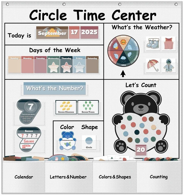 Main image of Circle Time Learning Center Pocket Chart for Classroom(white) Printed Days of The Week with CardsLearning for Home or Kindergarten, Teacher Must Have Supplies That Fits Any School Décor