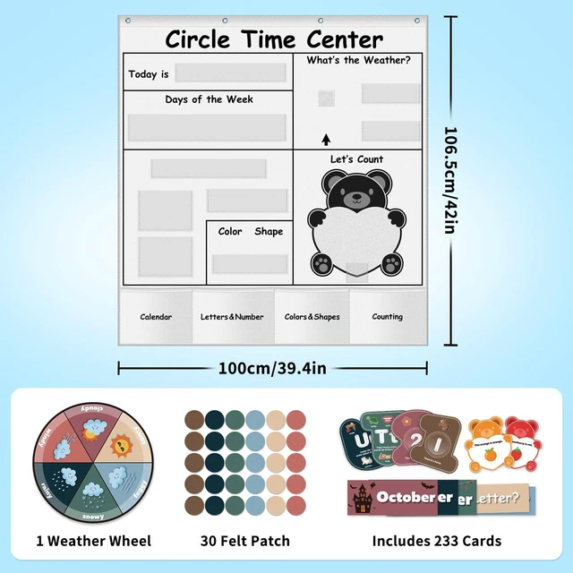 Alt view image 6 of 6 - Circle Time Learning Center Pocket Chart for Classroom(white) Printed Days of The Week with CardsLearning for Home or Kindergarten, Teacher Must Have Supplies That Fits Any School Décor