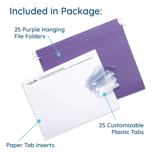 Alt view image 3 of 7 - 25 Hanging File Folders, Letter Size, Purple Reinforced 11pt, 1/5 Cut Tabs, Plastic Tabs and Inserts Included, for Filing Cabinet, Home, and Office Use
