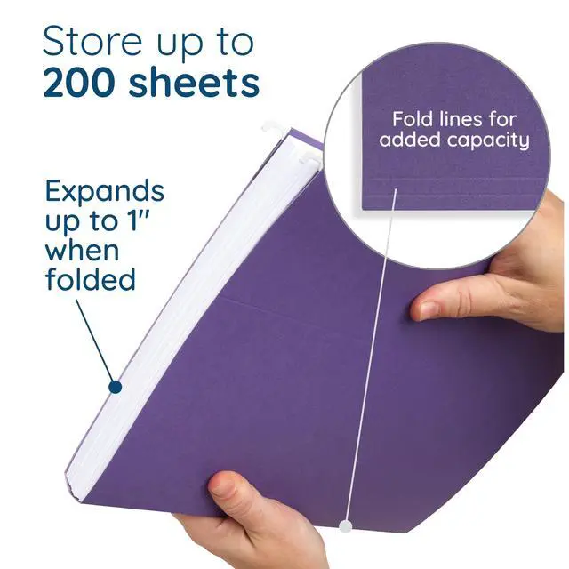 Alt view image 4 of 7 - 25 Hanging File Folders, Letter Size, Purple Reinforced 11pt, 1/5 Cut Tabs, Plastic Tabs and Inserts Included, for Filing Cabinet, Home, and Office Use