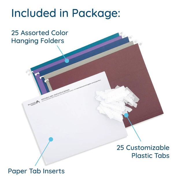 Alt view image 2 of 7 - 25 Hanging File Folders, Letter Size, Jewel Tones Reinforced 11pt, 1/5 Cut Tabs, Tabs and Inserts Included, Color-Coded Filing for Cabinet, Home, and Office