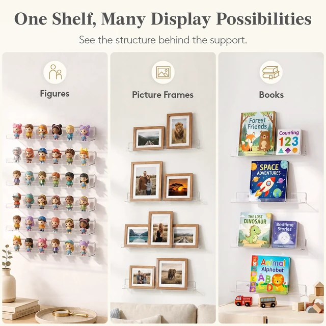 Alt view image 7 of 7 - Narrow Acrylic Floating Shelves for Vinyl Record 12", Clear 8 Pack Wall Shelf for Nail Polish, Book, Picture, Makeup, Album Covers Display Organizer for Bedroom, Living Room, Bathroom Decor