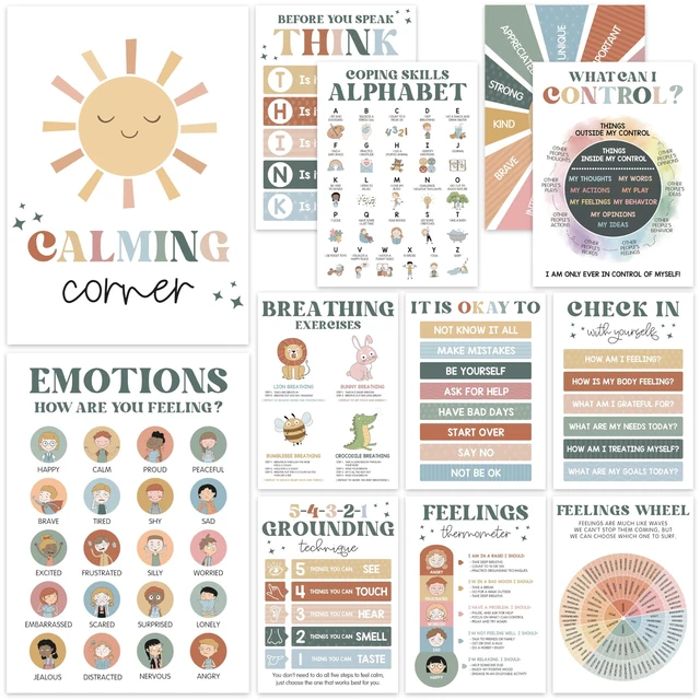 Main image of Calming Corner Classroom Posters, 12 Pack 10x14 Boho Feelings Chart Wheel Emotions, Calm Down Corner Supplies for Kids & Therapy Office Decor, Mental Health Wall Decorations Preschool