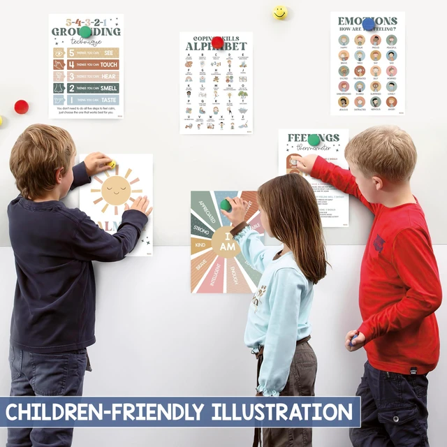 Alt view image 3 of 6 - Calming Corner Classroom Posters, 12 Pack 10x14 Boho Feelings Chart Wheel Emotions, Calm Down Corner Supplies for Kids & Therapy Office Decor, Mental Health Wall Decorations Preschool