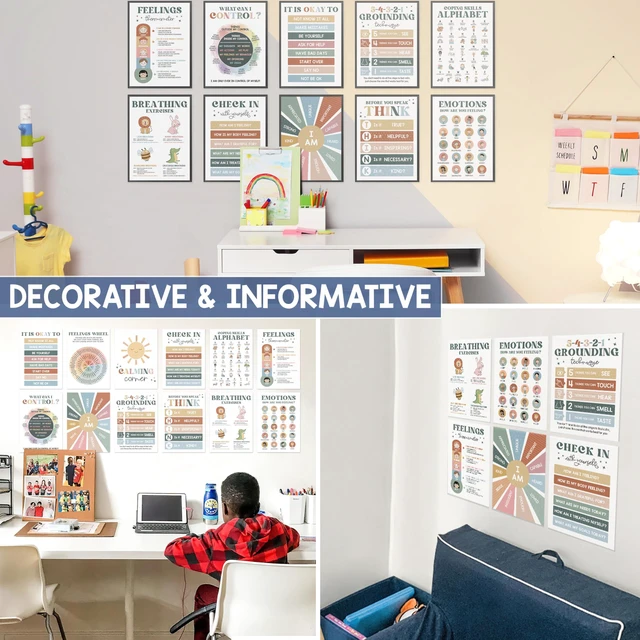 Alt view image 5 of 6 - Calming Corner Classroom Posters, 12 Pack 10x14 Boho Feelings Chart Wheel Emotions, Calm Down Corner Supplies for Kids & Therapy Office Decor, Mental Health Wall Decorations Preschool