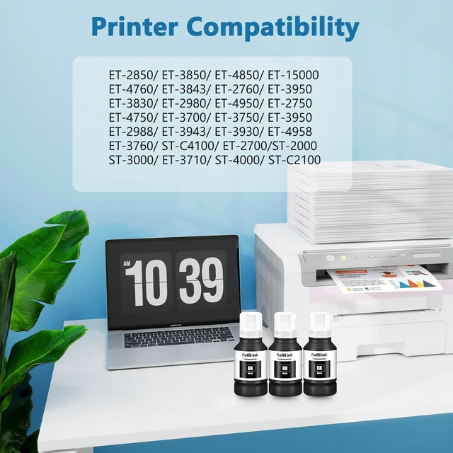 Alt view image 2 of 7 - Black Ink Refill Bottles ET-3850 ET-2850 ET-4850 ET-15000 Black Ink for ET 3850 ET 2850 ET-3760 ET-4760 ET-4950 ET-2760 ET-3830 ET 4850 ET 15000 ET 4950 ET-3950 ET-2980 ET-3750 3 Pack