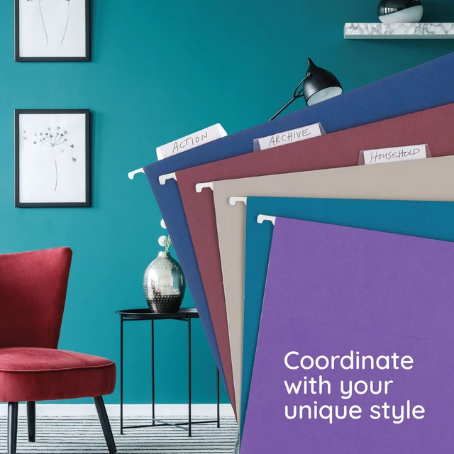 Alt view image 5 of 7 - 25 Hanging File Folders, Letter Size, Jewel Tones Reinforced 11pt, 1/5 Cut Tabs, Tabs and Inserts Included, Color-Coded Filing for Cabinet, Home, and Office