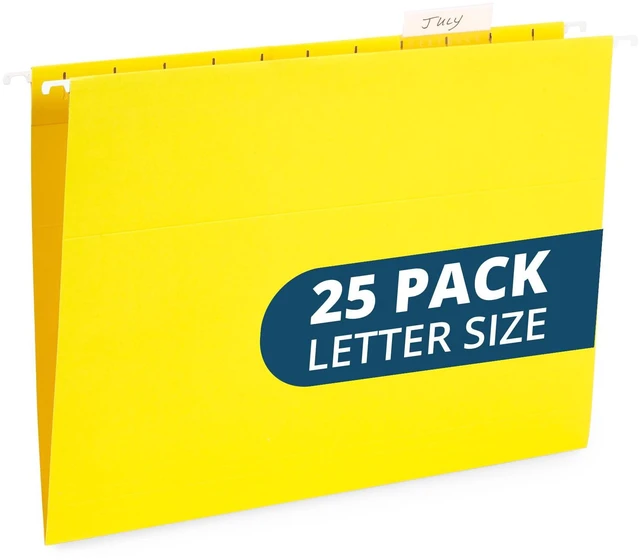 Main image of 25 Hanging File Folders, Letter Size, Yellow Reinforced 12pt, 1/5 Cut Tabs, Plastic Tabs and Inserts Included, for Filing Cabinet, Home, and Office Use