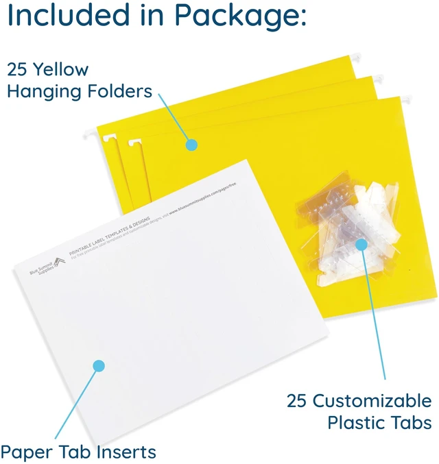Alt view image 2 of 7 - 25 Hanging File Folders, Letter Size, Yellow Reinforced 12pt, 1/5 Cut Tabs, Plastic Tabs and Inserts Included, for Filing Cabinet, Home, and Office Use