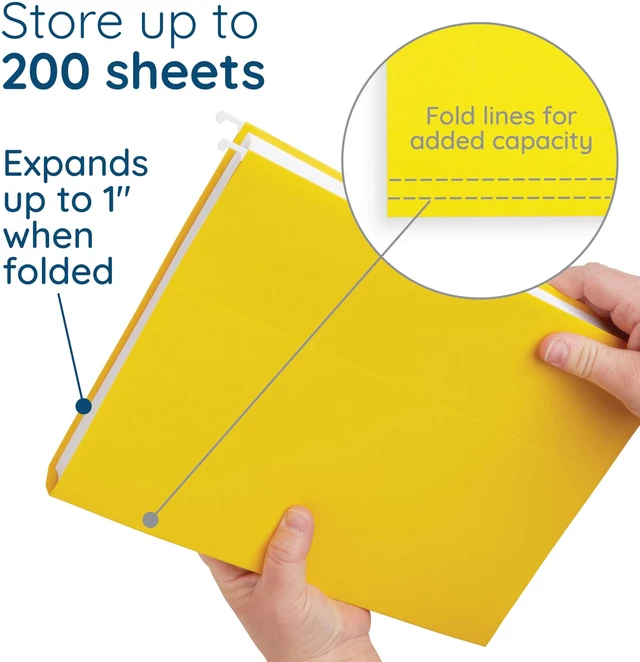 Alt view image 3 of 7 - 25 Hanging File Folders, Letter Size, Yellow Reinforced 12pt, 1/5 Cut Tabs, Plastic Tabs and Inserts Included, for Filing Cabinet, Home, and Office Use