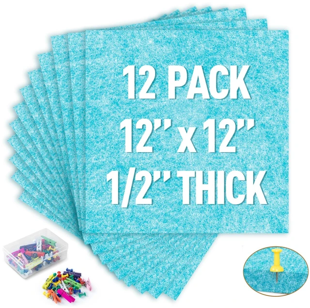 Main image of Cork Bulletin Board 12x12, 1/2" Thick Felt Cork Board Tiles 12 Pack, Small Square Pin Board for Wall, Self Adhesive Corkboards with 120 Push Pin Wood Clips for School, Home & Office, Baby Blue