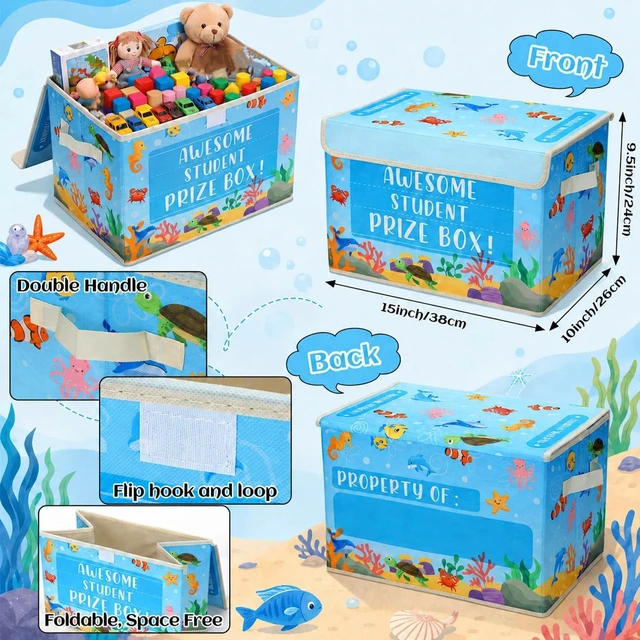 Alt view image 2 of 7 - Ocean Classroom Treasure Chest Box for Kid Prize with Lid Rewards Bin for Student Toy Prizes Awards, Collapsible Teacher Organizer, Kids Classroom Supply Storage, Nursery School Decor