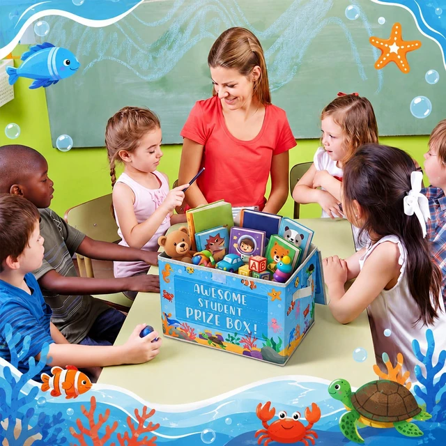 Alt view image 3 of 7 - Ocean Classroom Treasure Chest Box for Kid Prize with Lid Rewards Bin for Student Toy Prizes Awards, Collapsible Teacher Organizer, Kids Classroom Supply Storage, Nursery School Decor