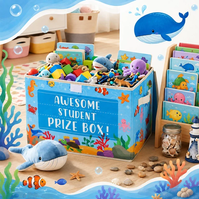 Alt view image 5 of 7 - Ocean Classroom Treasure Chest Box for Kid Prize with Lid Rewards Bin for Student Toy Prizes Awards, Collapsible Teacher Organizer, Kids Classroom Supply Storage, Nursery School Decor