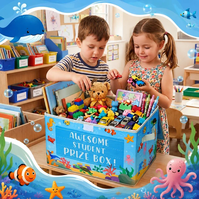 Alt view image 6 of 7 - Ocean Classroom Treasure Chest Box for Kid Prize with Lid Rewards Bin for Student Toy Prizes Awards, Collapsible Teacher Organizer, Kids Classroom Supply Storage, Nursery School Decor