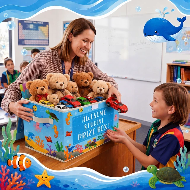 Alt view image 7 of 7 - Ocean Classroom Treasure Chest Box for Kid Prize with Lid Rewards Bin for Student Toy Prizes Awards, Collapsible Teacher Organizer, Kids Classroom Supply Storage, Nursery School Decor