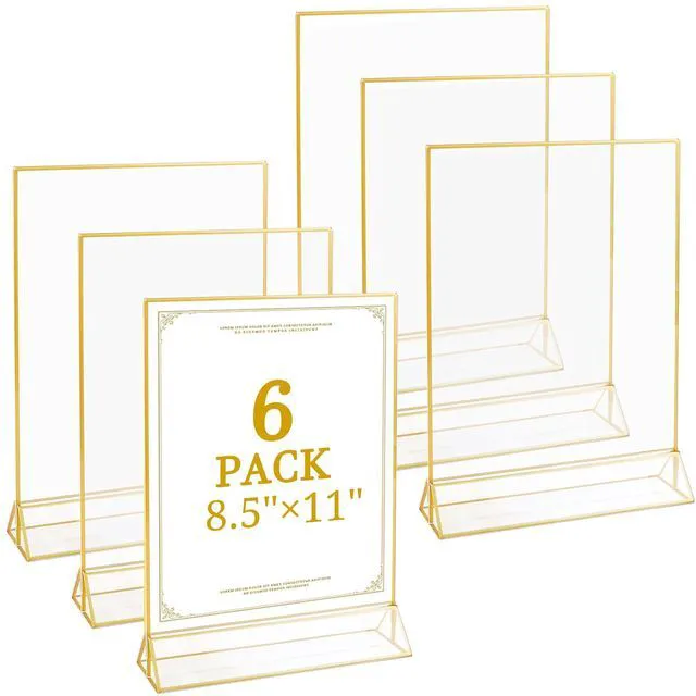Main image of 6 Pack 8.5x11 Inch Clear Acrylic Sign Holders, Double-Sided Gold Display Stand Picture Frames for Table Numbers, Menus, Flyers, Weddings, and Offices