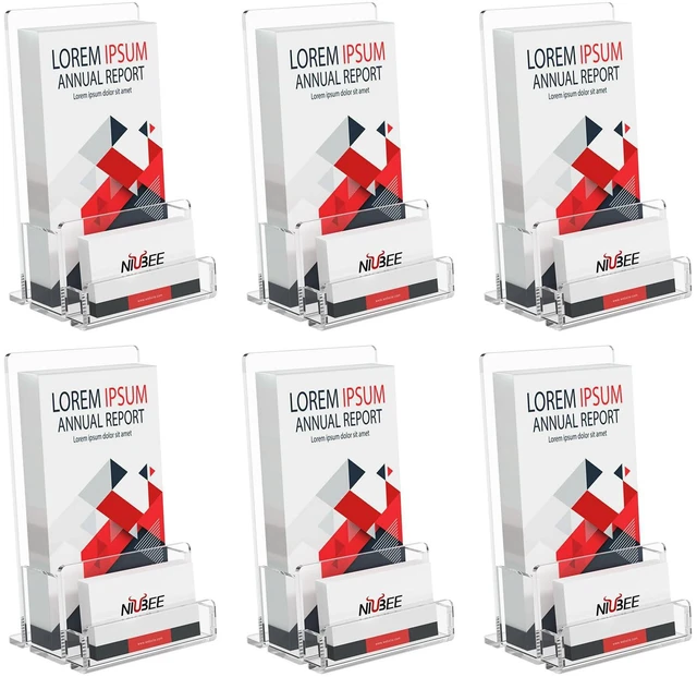 Main image of 6 Packs Acrylic Brochure Holder 4, Pamphlet Flyer Display Stand 3mm thick acrylic stand combining brochure holder and business card slot, stable freestanding design for multi scenes