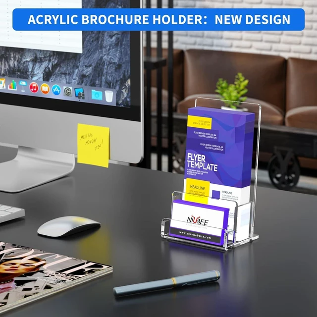 Alt view image 5 of 7 - 6 Packs Acrylic Brochure Holder 4, Pamphlet Flyer Display Stand 3mm thick acrylic stand combining brochure holder and business card slot, stable freestanding design for multi scenes
