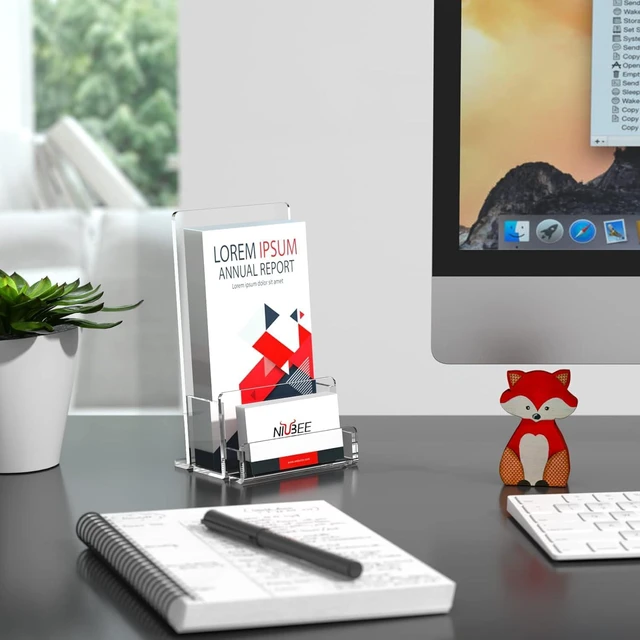 Alt view image 6 of 7 - 6 Packs Acrylic Brochure Holder 4, Pamphlet Flyer Display Stand 3mm thick acrylic stand combining brochure holder and business card slot, stable freestanding design for multi scenes
