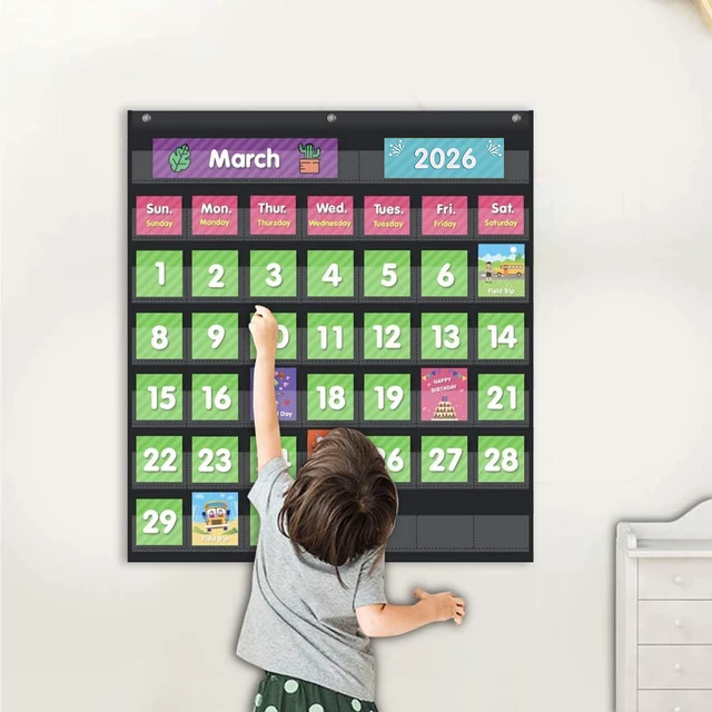Alt view image 7 of 7 - Classroom Monthly Calendar Pocket Chart with 71 Cards for Kids Learning for Home,Homeschool Supplies and Classroom Must Haves!(Black)