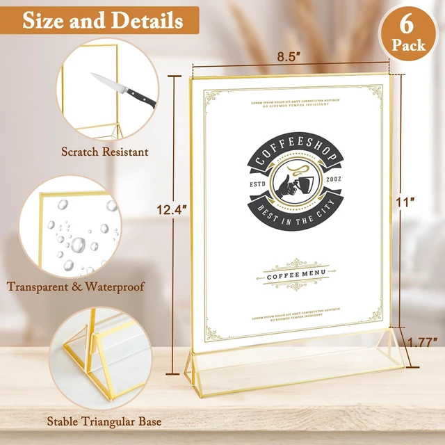 Alt view image 2 of 5 - 6 Pack 8.5x11 Inch Clear Acrylic Sign Holders, Double-Sided Gold Display Stand Picture Frames for Table Numbers, Menus, Flyers, Weddings, and Offices