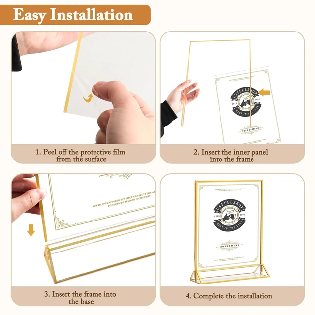 Alt view image 3 of 5 - 6 Pack 8.5x11 Inch Clear Acrylic Sign Holders, Double-Sided Gold Display Stand Picture Frames for Table Numbers, Menus, Flyers, Weddings, and Offices