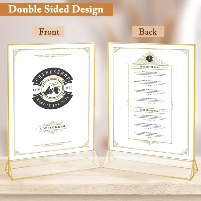 Alt view image 4 of 5 - 6 Pack 8.5x11 Inch Clear Acrylic Sign Holders, Double-Sided Gold Display Stand Picture Frames for Table Numbers, Menus, Flyers, Weddings, and Offices